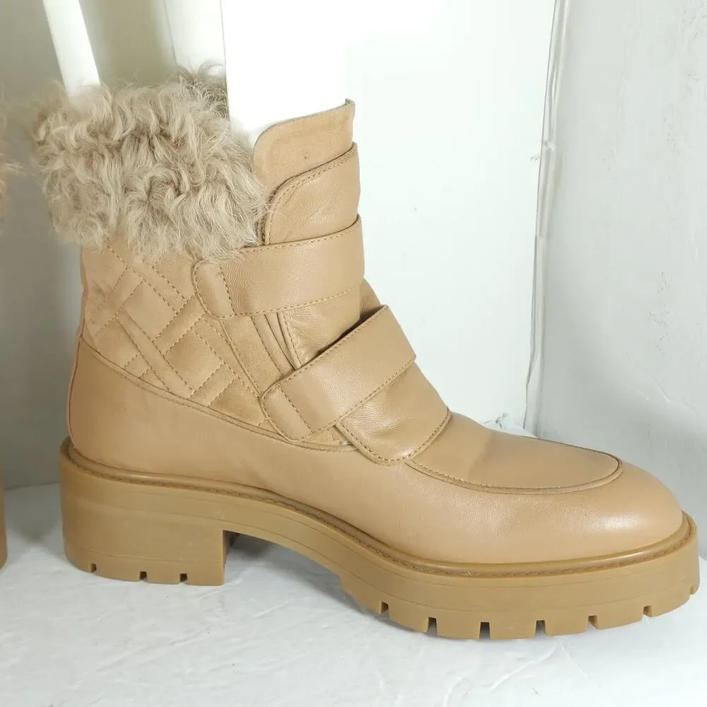 Aquazzura Women's Ryan US8,5 EU39 Bisque Leather Suede Lug Sole Shearling boots